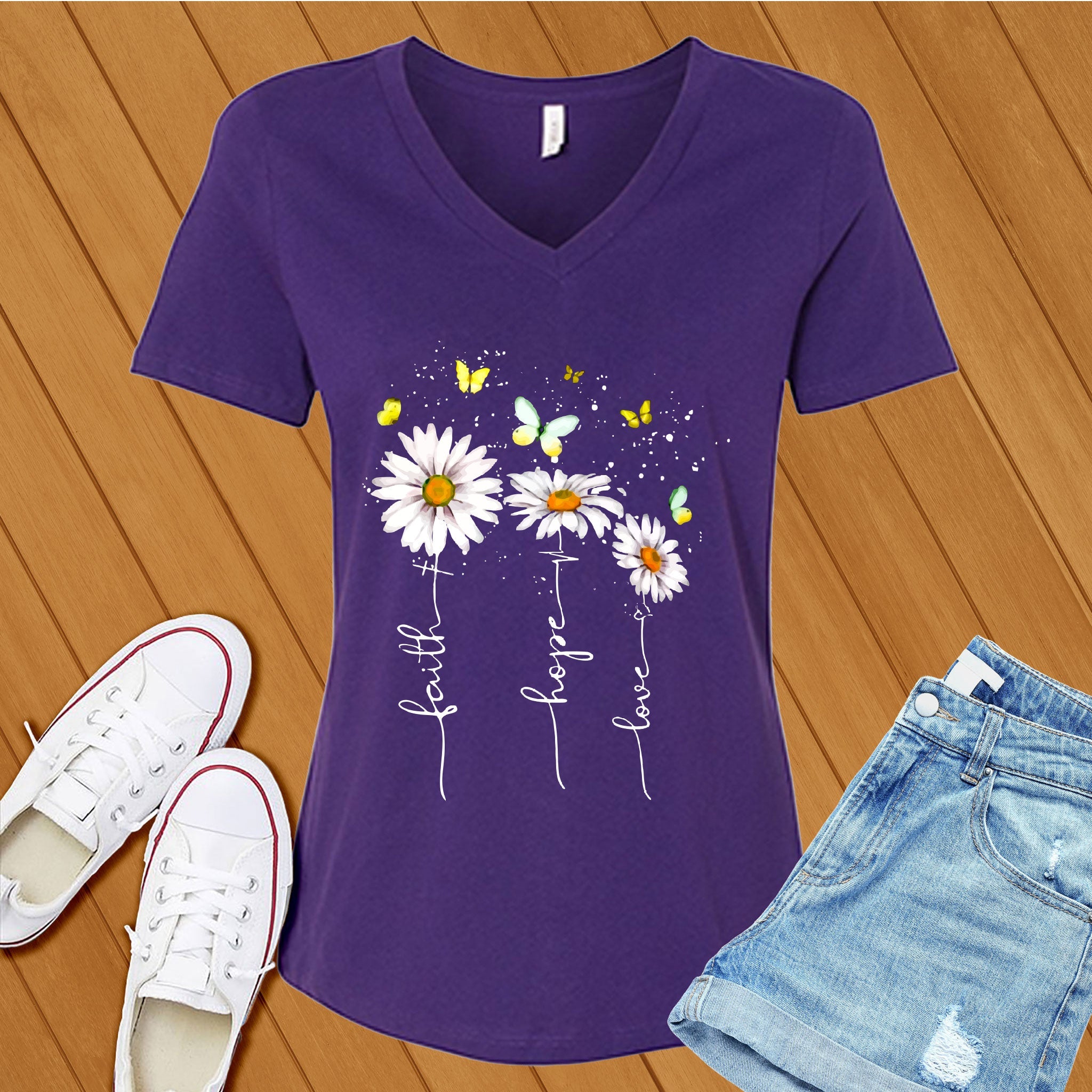 Faith Hope Love Flowers V-Neck - Love Tees