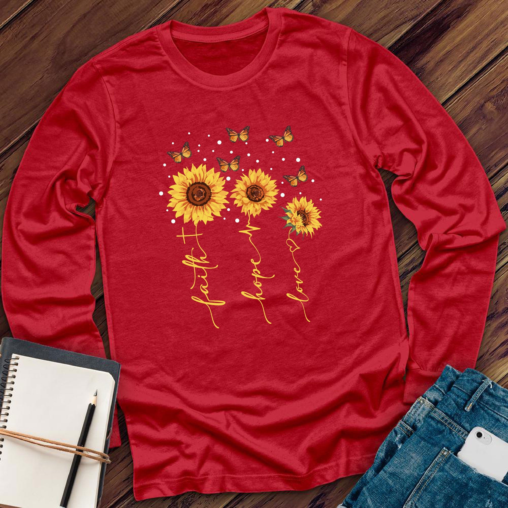 Faith Hope Love Sunflowers Long Sleeve - Love Tees