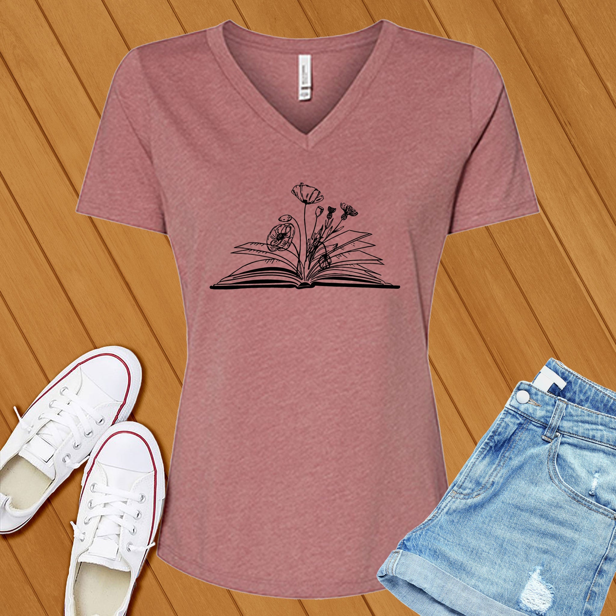 Flower Books Reader V-Neck - Love Tees