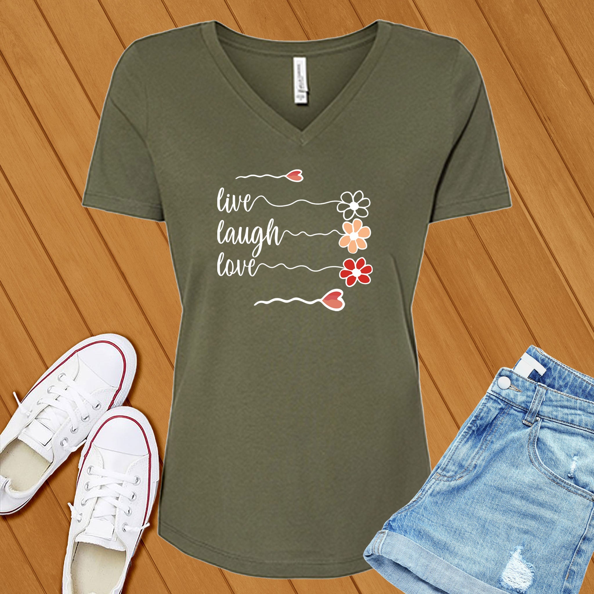 Live Laugh Love Flowers V-Neck - Love Tees