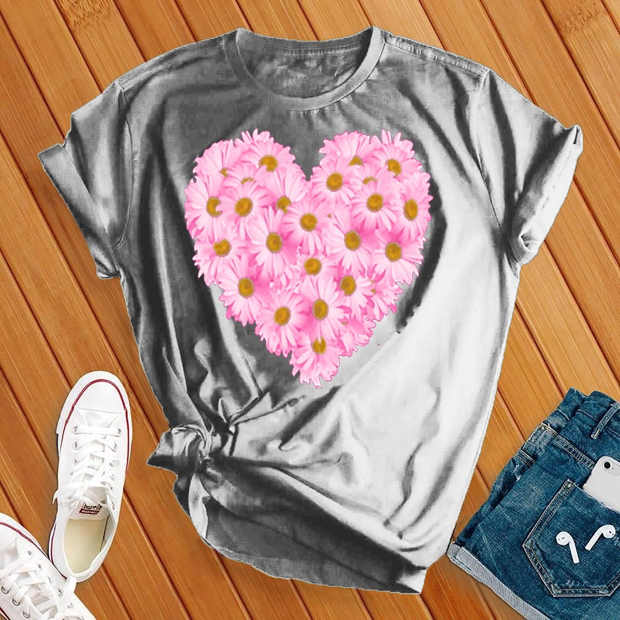 Pink Daises Heart Tee - Love Tees