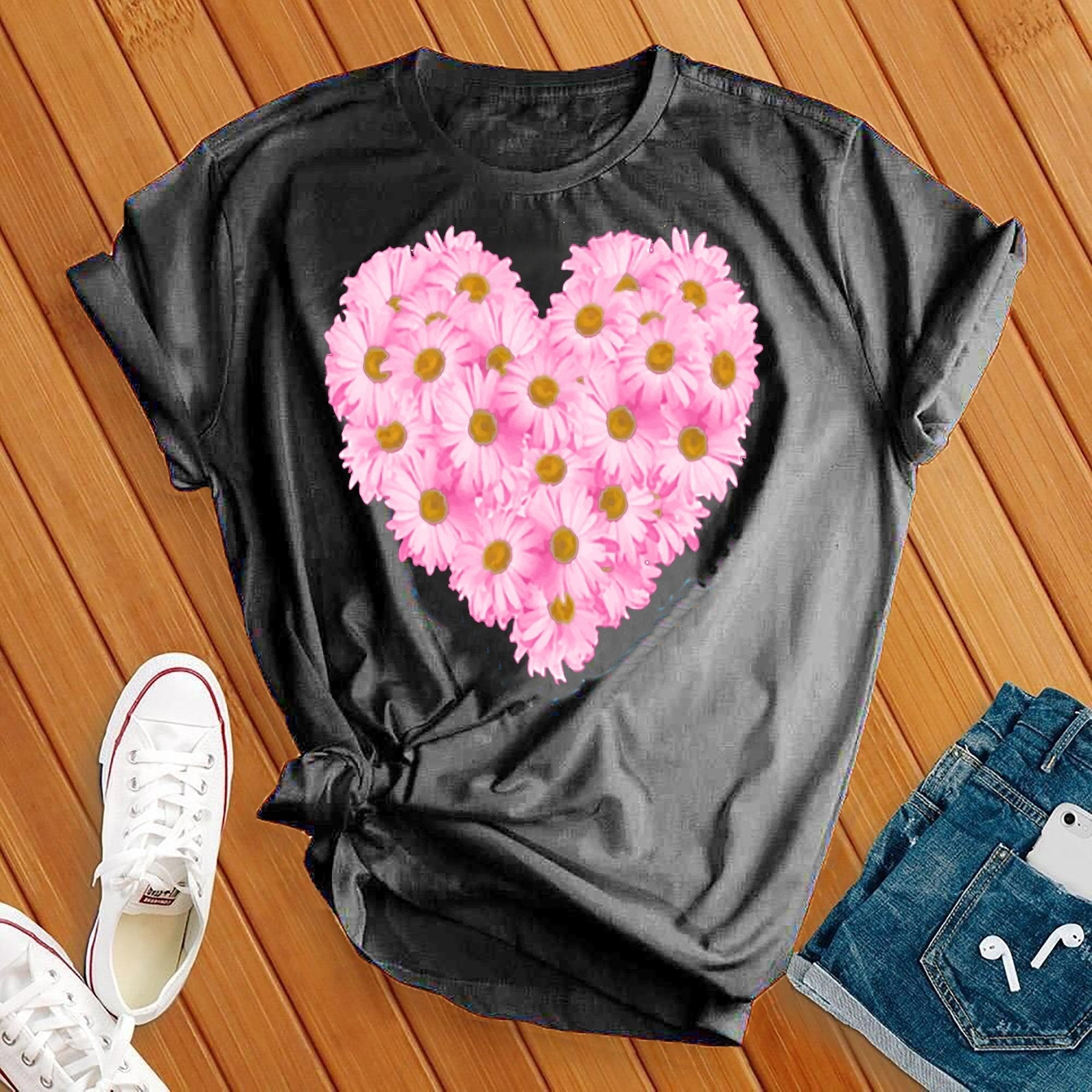 Pink Daises Heart Tee - Love Tees