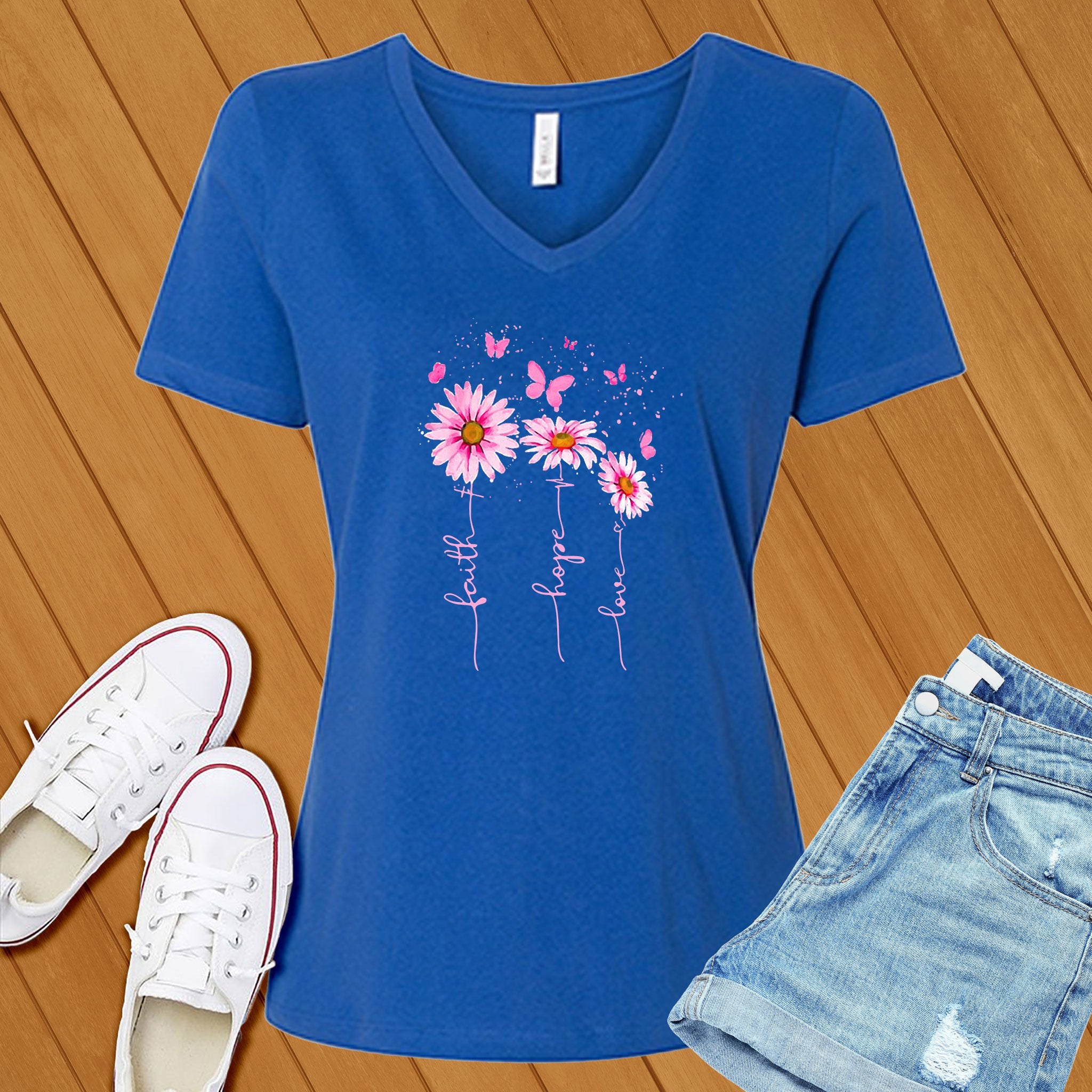 Pink Faith Hope Love Flowers V-Neck - Love Tees