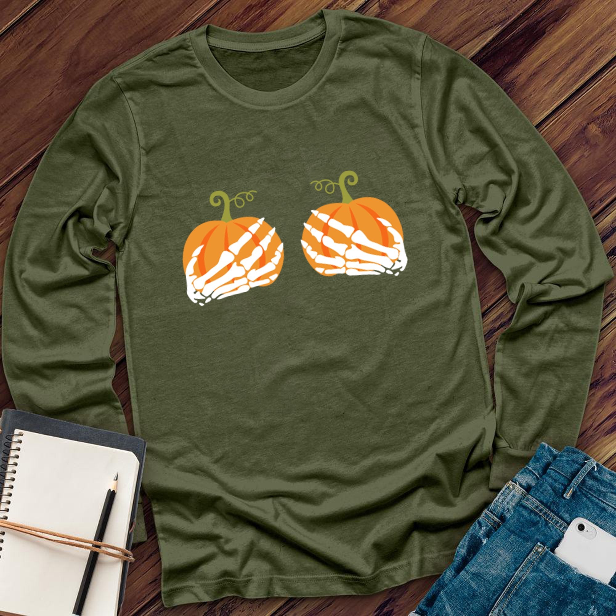 Pumpkin Skeleton Hands Long Sleeve - Love Tees