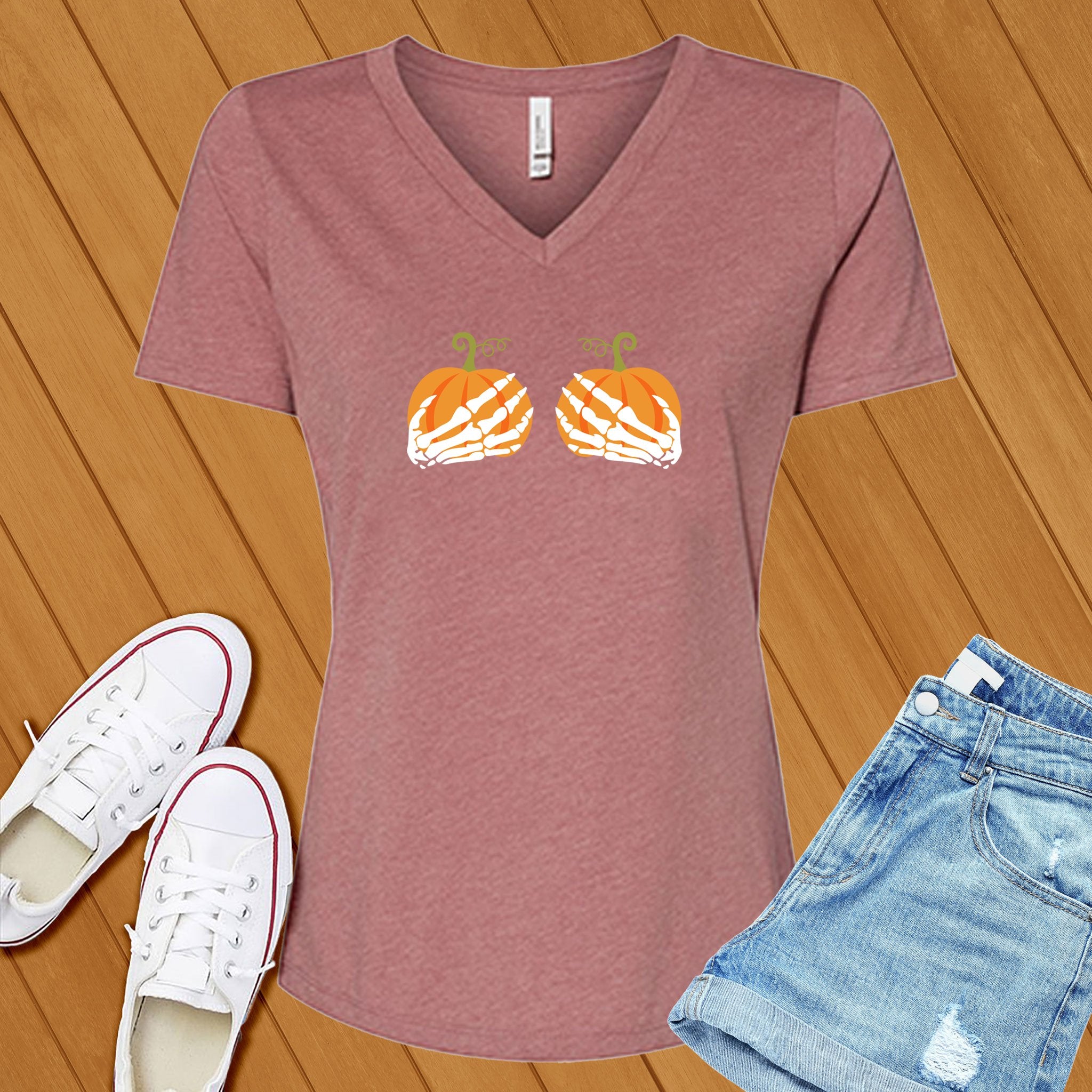 Pumpkin Skeleton Hands V-Neck - Love Tees