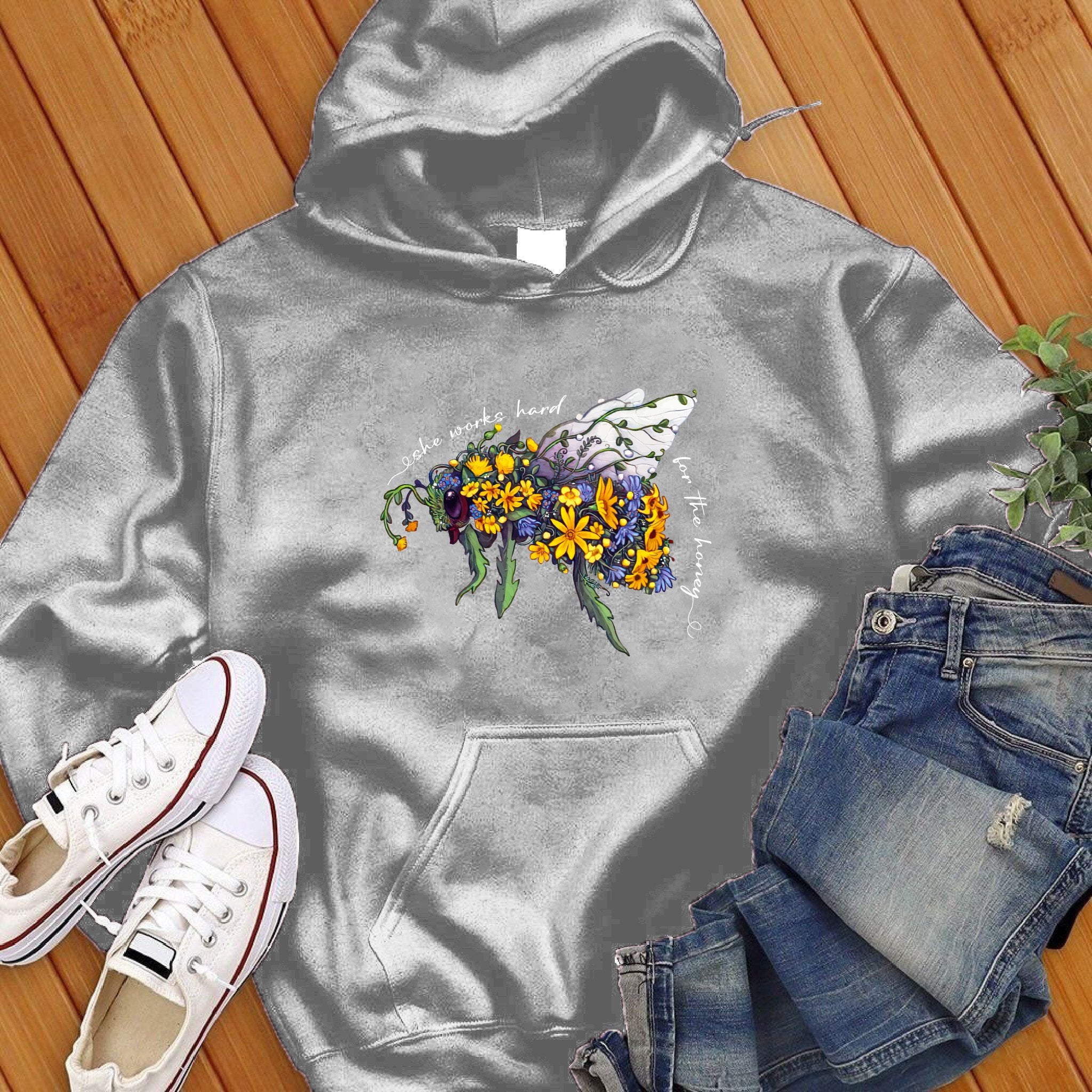 She Works Hard For The Honey Floral Bee Hoodie - Love Tees