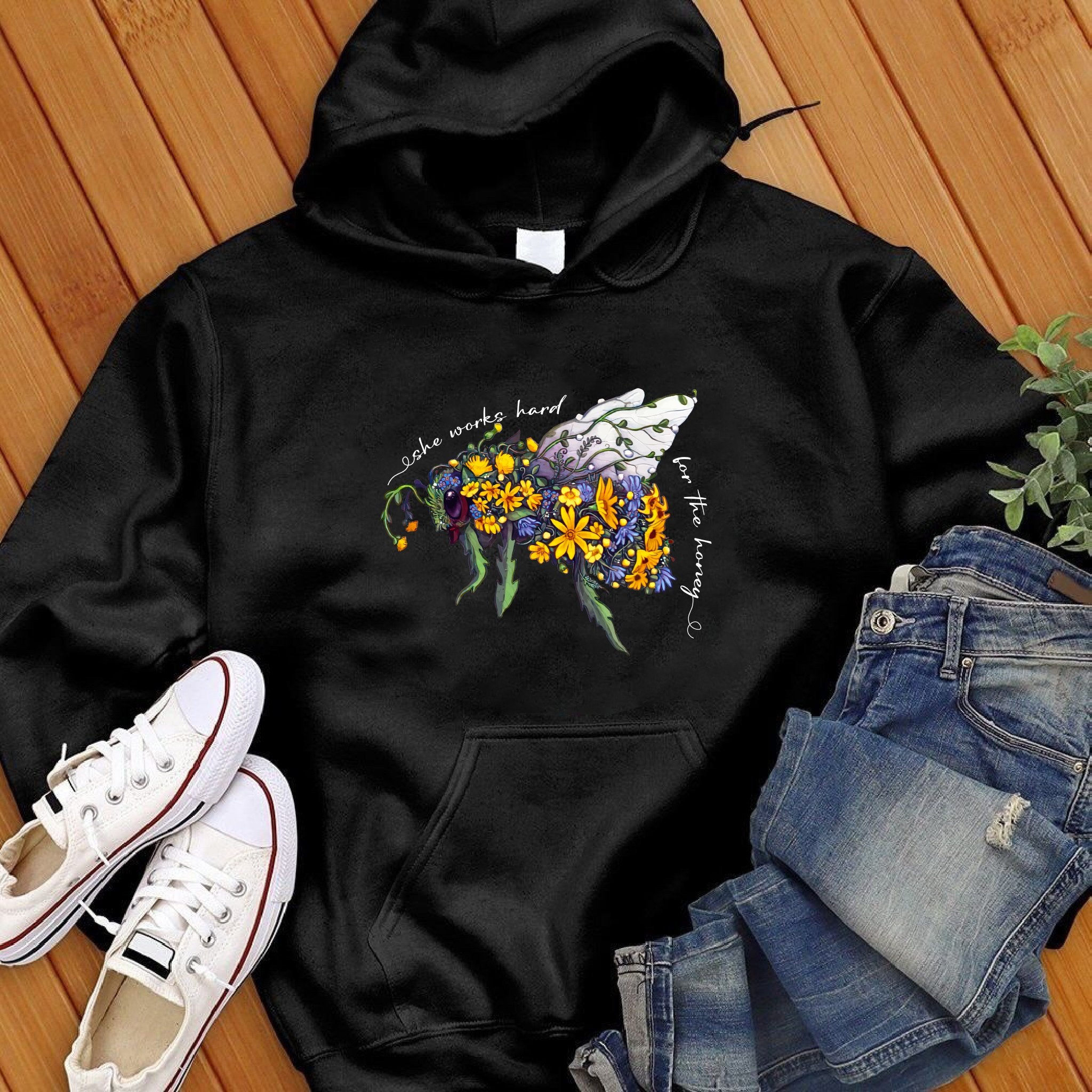 She Works Hard For The Honey Floral Bee Hoodie - Love Tees