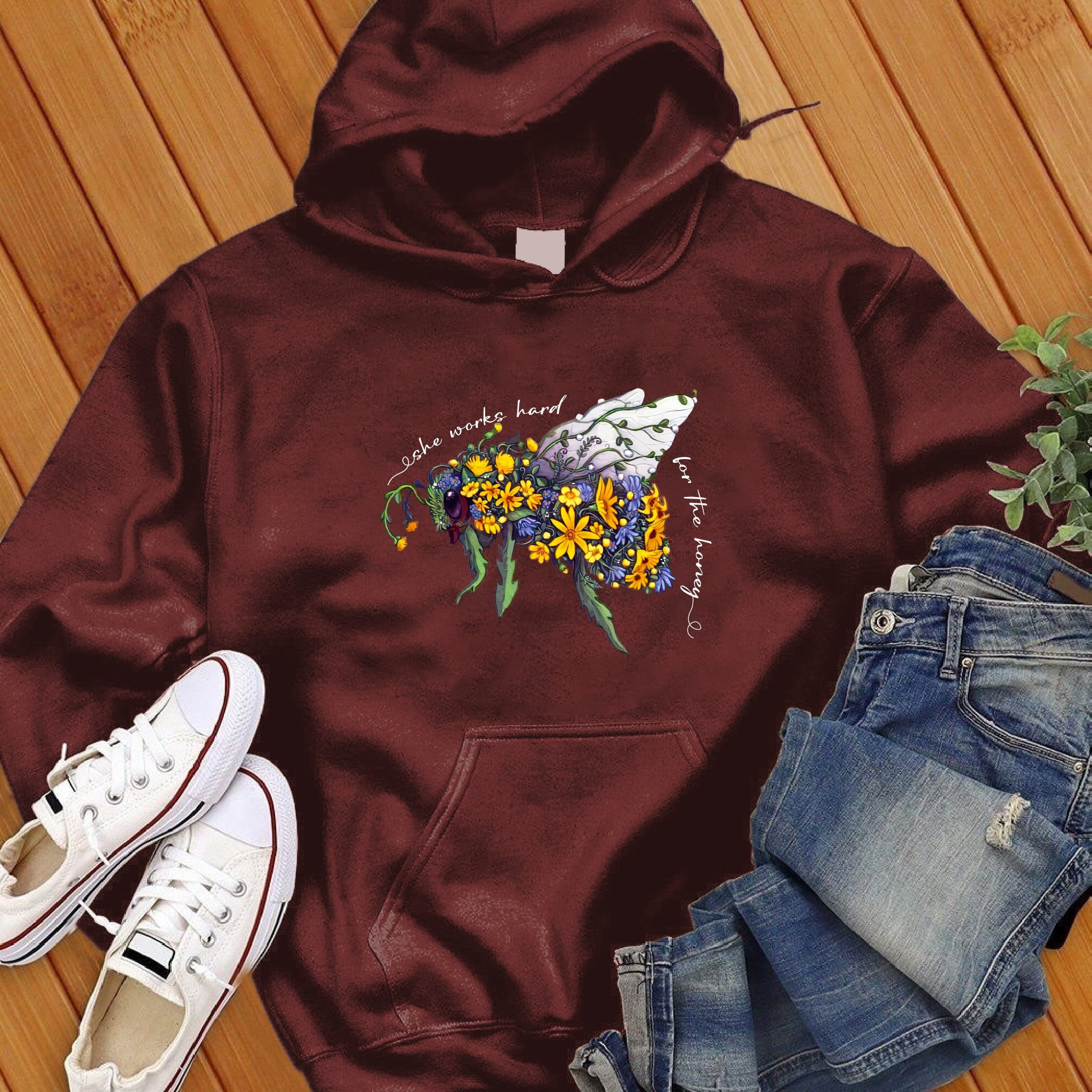 She Works Hard For The Honey Floral Bee Hoodie - Love Tees