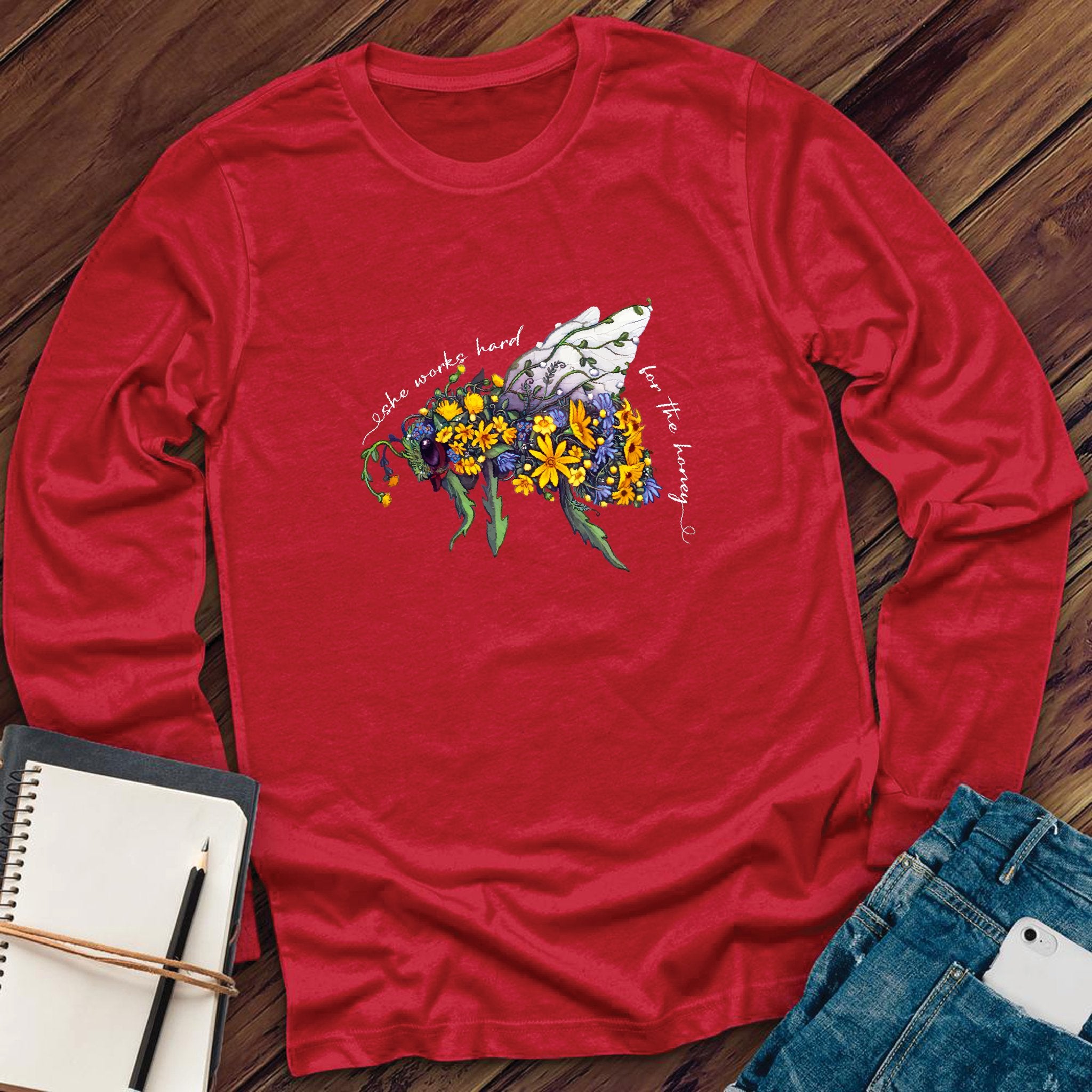 She Works Hard For The Honey Floral Bee Long Sleeve - Love Tees