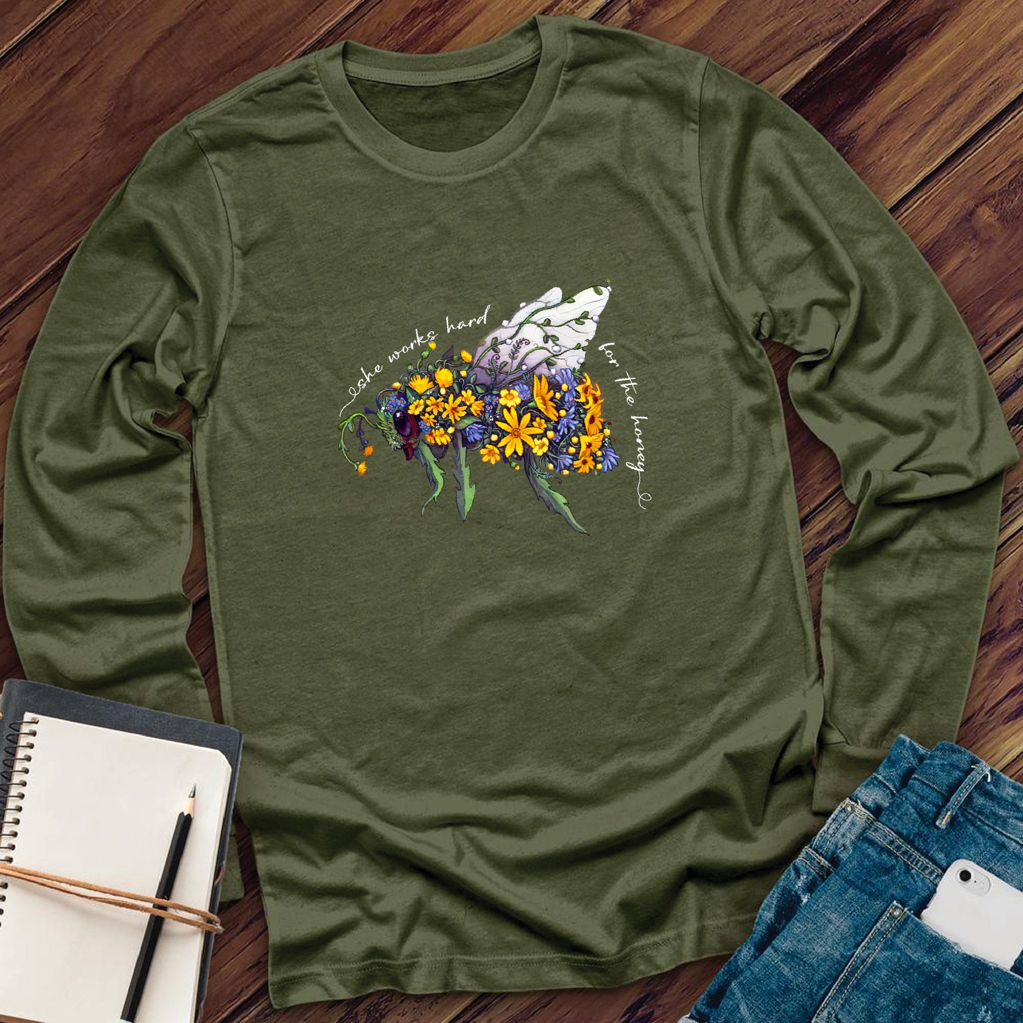 She Works Hard For The Honey Floral Bee Long Sleeve - Love Tees