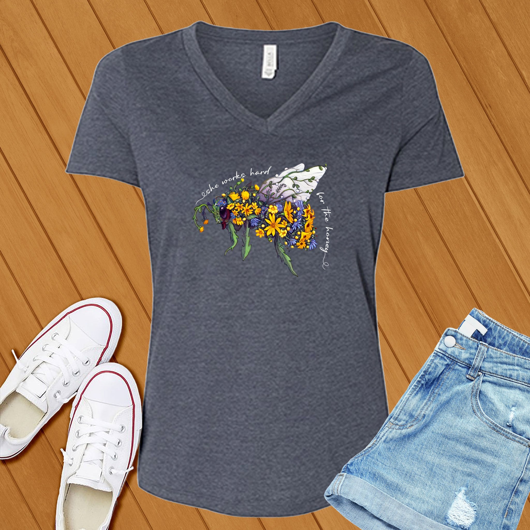 She Works Hard For The Honey Floral Bee V-Neck - Love Tees