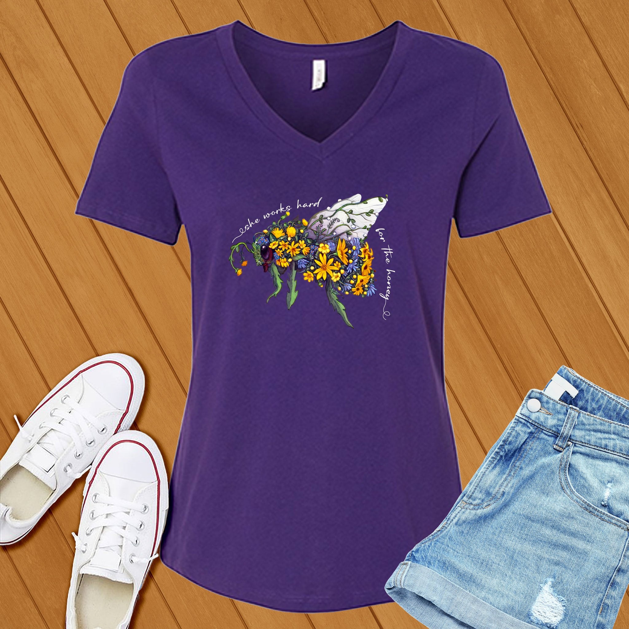 She Works Hard For The Honey Floral Bee V-Neck - Love Tees